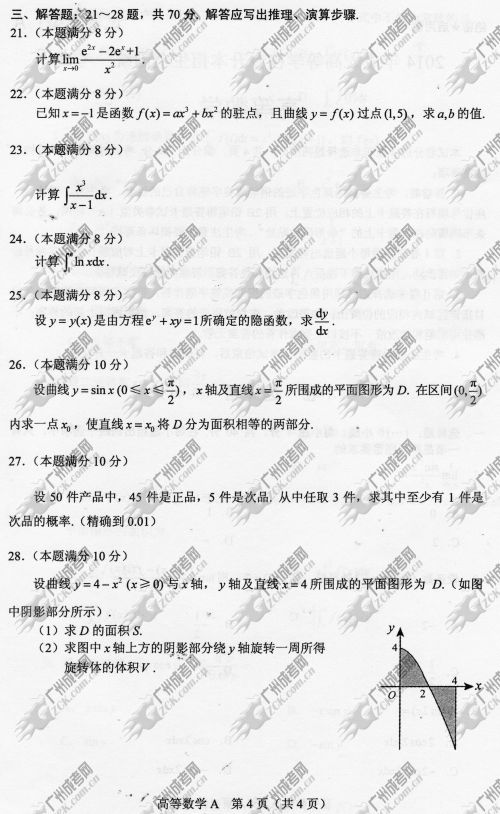 贵州省成人高考2014年统一考试专升本高等数学真题A卷