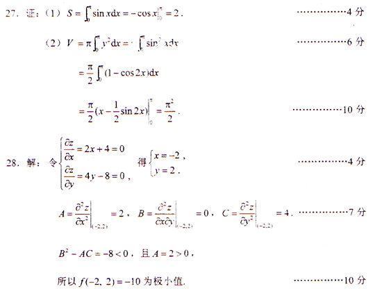 2009年成人高考专升本数学(二)试题及答案