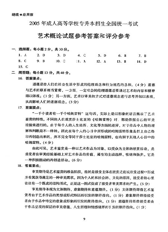 2005年成人高考专升本艺术概论试题及答案