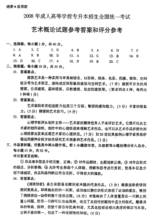 2008年成人高考专升本艺术概论试题及答案